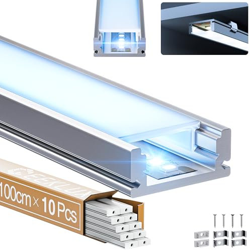 GEEKLUX LED Profil Aluminium 1m x 10 Sets, insgesamt 10m, U-Profil für LED Streifen bis 12mm, 17,4 x 7mm LED Kanal mit milchigem Diffusor, ideal für Trockenbau, Gipskarton und Deckenmontage