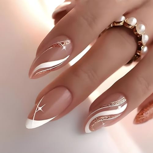 French False Nails,Light Pink Coffin False Nails, 24PCS Square Press on Nails with Jelly Glue,Acrylic Full Cover Nails Women Girls Nail Art Accessories (Pink,Champagne,French, One Size)
