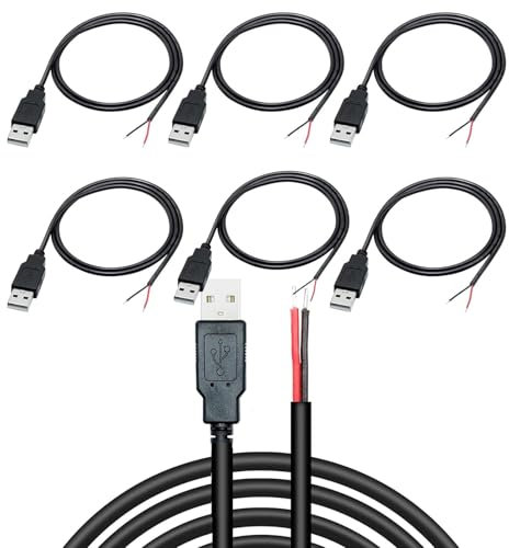 USB Pigtail,2 adriges USB 2.0-Kabel,2-poliger blanker Draht mit offenem Ende,0,3 m langes USB Steckerkabel,USB Stecker Stromkabel,Verlängerungskabel,USB Stromladekabel,USB Ersatzkabel,6 Stück