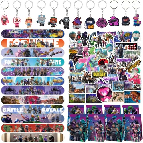 Amazluck 104 Stücke Game Mitgebsel Geburtstag für Kinder, 12 Schnapparmband Kinder 68 Aufkleber 12 Schlüsselanhänger 12 Geschenktüten Kindergeburtstag Party für Geschenke Kindergeburtstag Mitgebsel