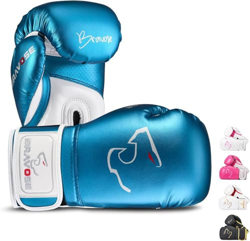 BRAVOSE Alpha Strap Boxing Gloves Mens, Women for Entry Level Boxers for Punching Bag Training & Sparring MMA Kick Boxing Muay Thai Made By Premium PU Leather Ventilated Palm (Metallic Blue, 12 Oz)