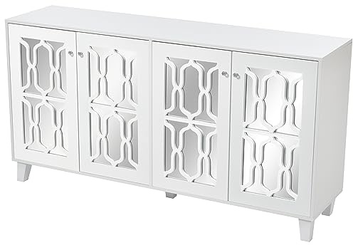 Spiegel Anrichte mit Kristallglasgriffen und Vier eleganten Türen, MDF-Sideboard mit Massivholzfüßen, gläserne Türverzierung, bewegliches Innenregal, Esszimmer Flur Aufbewahrungsschrank (Weiß)