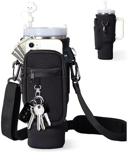 MJK Essentials Neoprene Water Bottle Carrier with Free Straw Covers, Phone Pocket for Stanley 40oz Tumbler – Adjustable Strap, Key Hook for Hiking, Outdoor Activities (Black)