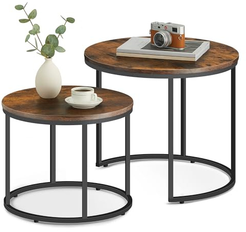 FORTENA 2er Set Couchtische, Schwarze oder goldene Metallbeine, Industrial-Stil, Raund (Rustikal – Schwarze Beine)