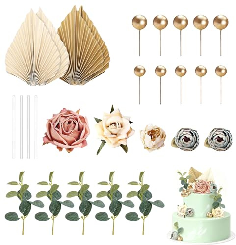 TMZELOA 28 Stück Boho Kuchendekorationsset, Künstliche Rosenblüten, Magnolienblätter, Goldene Boho Kugeln, Wiederverwendbare Torten Deko für Geburtstag, Hochzeit, Babyparty, Kommunion und Taufe