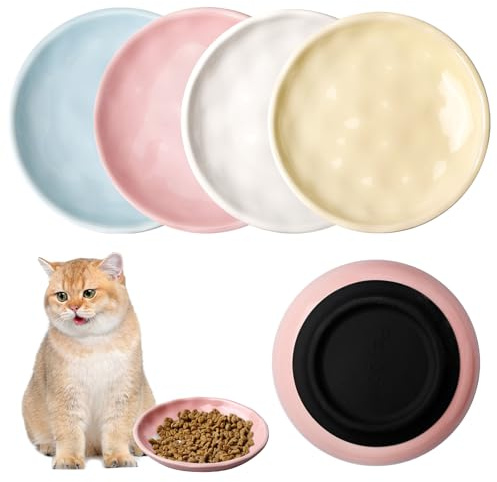 Lot de 4 gamelles pour chat en céramique avec fond en silicone antidérapant - Bac à litière plat pour chat - Diamètre 15 cm - Plateau pour chat - Pour animaux de compagnie, chats et chiots