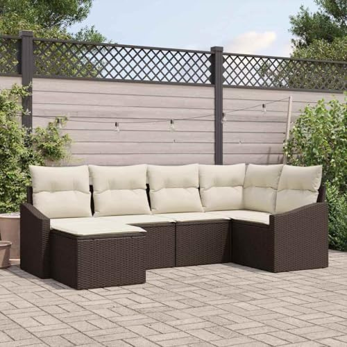 Teenpull Garten Essgruppe mit Kissen, Outdoor Sofa Set für 6 Personen, Braun, Modernes Poly Rattan & Stahl, inklusive Stauraum, Eck- & Mittelsitze