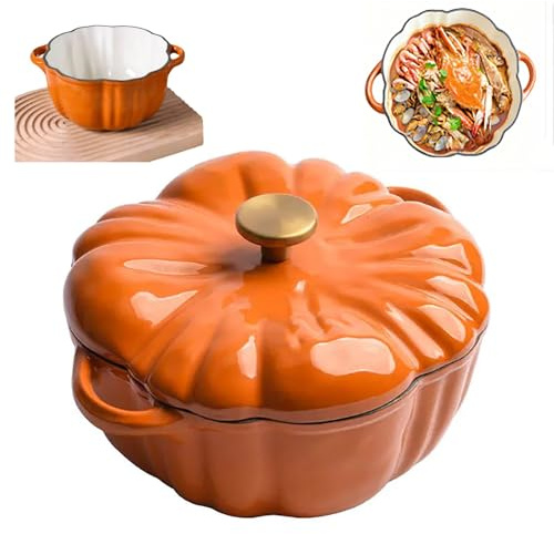 Enameled cast Iron Dutch Oven with lid,Pumpkin-Shaped Casserole Dish,Halloween Decorative stew Pot,Non-Stick Pumpkin Cooking Pot(Large)