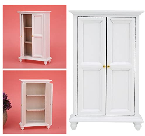 Bamjour Puppenschrank, Miniatur-Kleiderschrank aus Weißem Holz, Puppenkleiderschrank, Puppenhaus-Kleiderschrank für Puppenhaus-Möbelzubehör