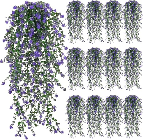 Fairblo 12 Pezzi Piante Finte Cadenti Viola Piante Artificiali da Esterno | Fiori Artificiali da Appendere Pianta Finta Cadente Realistica per Balcone Giardino Terrazze Interno Esterni Decorazi