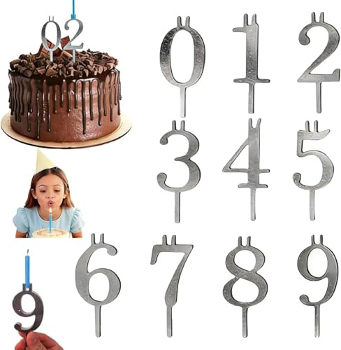 ZFFAFUR 10PC Reusable Birthday Cake Candle Holder Set, 0-9 Metal Number Stands for Birthdays & Anniversaries, Silver Cake Topper Decorations with Adjustable Candle Holders, Party Accessories