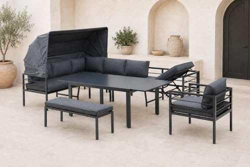Gardissimo Belano Dining Eck Lounge Set mit Ausziehtisch | 3 in 1 flexibel stellbar, Ecksofa, Sessel, Bank, Kopfteil verstellbar, Wetterfest bis 11 Personen, Bezüge waschbar