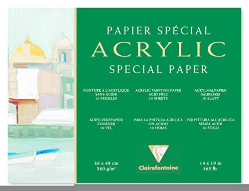Clairefontaine 96498C - Block Acrylpapier, 4-seitig verleimt, 36x48cm, 10 Blatt, 360g, Weiß, 1 Stück