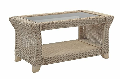 Desser Clifton Coffee Table with Storage Shelf – Glass Top Table with Natural Wicker Rattan Cane Frame – Luxury Indoor Conservatory or Living Room Furniture - H47cm x W94cm x D56cm