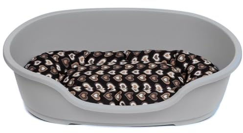 Hundekorb 48 cm - 125 cm mit Kissen / 71 cm Korb warmgrau - Herzen braun