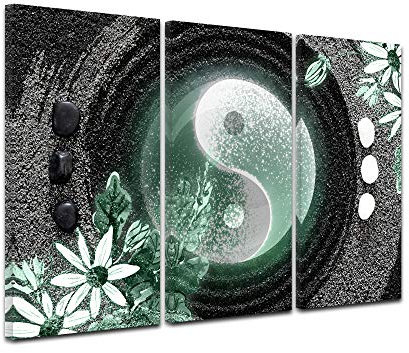 DECLINA Bild Ying und Yang 3-teilig Tryptisch – Kunstdruck auf Leinwand, Wanddekoration, Zen – Deko für Haus, Küche, Wohnzimmer, Schlafzimmer Erwachsene – Grün, 90 x 60 cm
