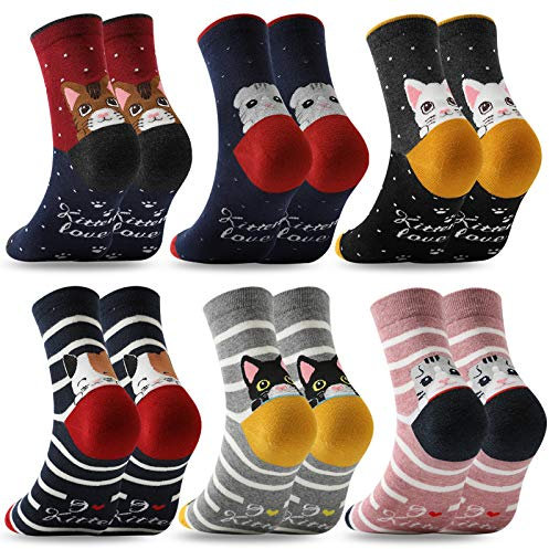 MOCOCITO Chaussettes Femme Fantaisie 6 Paires Chaussettes Chatte Fille Lot de Chaussettes Fantaisie Chaudes Chaussettes【35-42】,TU,Multicolore
