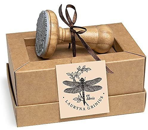 Ex libris Stempel Libelle, Pflanzen Zweige Insekt Motivstempel Individuell, Holz Rund 40mm, Spezielle Geschenkbox