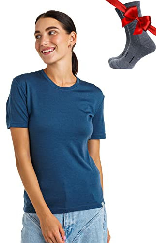 Merino.tech 100% Merino T Shirt Damen - Merinowolle Sport Wandern Thermoshirt Damen + Wandersocken (Large, Denim Blue Crewneck)
