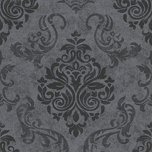 Papier peint baroque à paillettes gris | Tapisserie grise élégante pour chambre adulte | Papier peint damassé style vintage