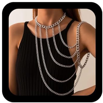 Yienate Sexy Harness Körper Kette Boho Silber Halskette Choker Schulterkette Mehrreihige Klobige Kubanische Armkette Einzigartige Geschichtete Schulterkette Körperkette Schmuck Accessoires Für Frauen