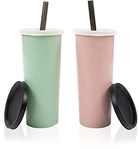 LIUCONGBD 2PCS Reusable Cups with Straw and Lid, Coffee Tumbler Travel Mug for Adults, Lightweight Drinking Cup for Home School Office Outdoor 15oz/450ml(Pink, Green)
