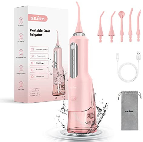 Sejoy Munddusche Kabellos Elektrische, Water Flosser Zahndusche IPX7 Wasserdicht 270ML Tragbar Oral Irrigator USB Aufladen Zahnreiniger Reisemunddusche für Zuhause Büro, mit 5 Modi und 5 Düsen, Rosa