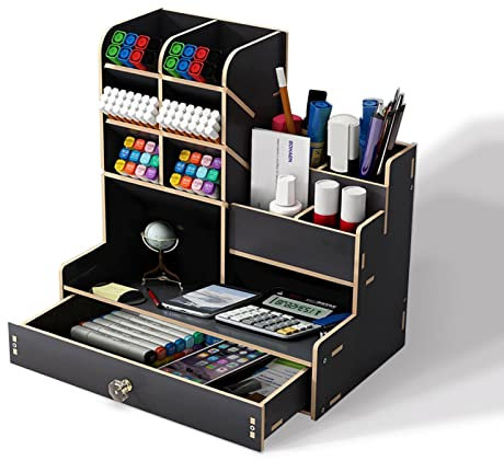 Holdfiturn Wooden Desktop Organizer Large Capacity Office Storage Box Multi Functional Stationery Storage with Drawer for Home Office and School (Bright Black)