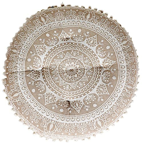 MARRAKESCH Sitzkissen Rund aus Baumwolle Inklusive Füllung ø 50cm Bodenkissen als Orientalische Dekoration (Beige - Weiss)