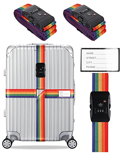 Veki Kreuz Gepäckgurte Kofferband Gurt TSA-Genehmigt mit Schloss Verstellbare Reisekoffergurte Koffergurt mit Namensausweis Packgurte (Bunt, 2 Stück)