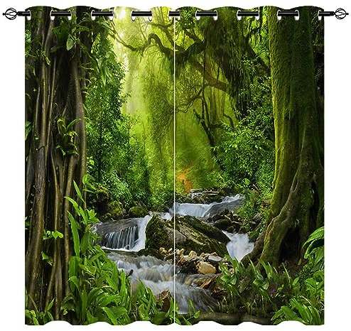 YUANZU Wald Vorhänge Natur Tropischer Dschungel Fluss Regenwald Wasserfall Ösen Gardinen mit Blickdichte Blackout Curtain Wohnzimmer Schlafzimmer Verdunkelung Fenster, 2 Stück, H 160 x B 106 cm
