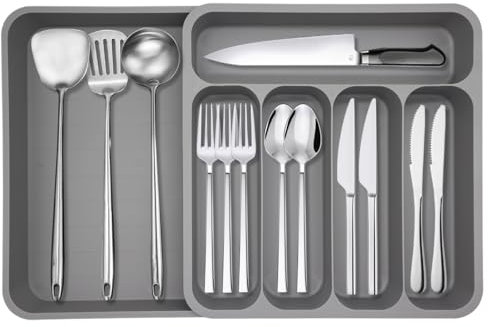 Expandable Cutlery Tray, Adjustable 6 Compartment Large Utensil Drawer Organiser for Spoons, Forks, Knives (Grey)