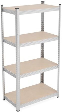 Relaxdays Scaffale in Acciaio, HxLxP 138x70x40 cm, 4 Ripiani ad Alta Portata, 200 kg, per Garage e Cantina, Argentato, Fibra di Legno