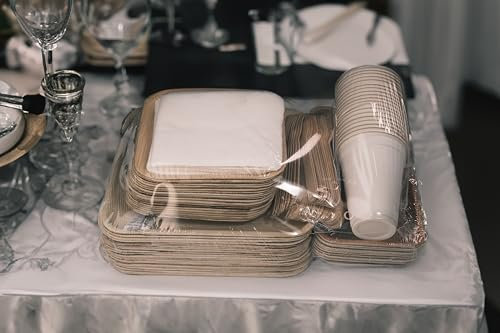 Eco-Friendly Areca Palm Leaf Eco Pack Combo | Pack of 160 | 10 & 7 Square Plates, 5 Bowls, Tissue, Birchwood Cutlery (Forks, Knives, Spoons), Corn Starch Cups | Perfect for Catering | Compostable