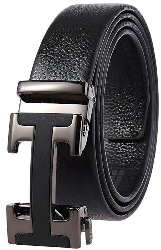 VJK Herren Ledergürtel Ratschengürtel Kleid mit Premium-Leder-Schiebegürtel mit einfacherer verstellbarer automatischer Schnalle, lässiges Zubehör für jeden Anlass (124,5 cm), Schwarz , 32.6-42.2inch