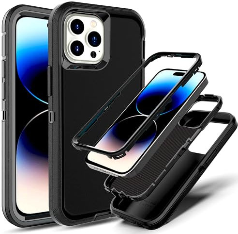 YmhxcY for iPhone 14 Pro Case Shockproof Dropproof Dust-Proof Drop Proof 3-Layer Durable Phone Case Heavy Duty Protection Phone Case Cover for iPhone 14 Pro 6.1 inch-Black