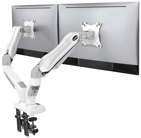 HUANUO Soporte de escritorio con brazo de monitor dual para pantallas de 13 a 30 pulgadas, soporte de monitor dual para pantallas planas curvas, soporte de brazo de doble monitor blanco VESA 75/100 mm