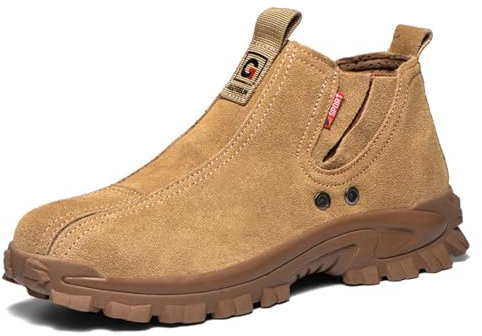 JiuQing Botas De Seguridad Botas De Trabajo con Puntera De Acero Sin Cordones Botas Industriales Chelsea De Gamuza Antideslizantes para Hombre Zapatos De Soldadura,Marrón,44 EU