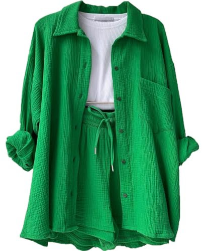 Outfit Damen Set Sport Bluse Kleidung Damen Elegant Sport Top Damen Musselin Y2k Hip Hop Outfit Mädchen Damen 2 Teiler Set Damen 2 Teiler Set Musselin Bluse Damen Oversized(1-Green,XL