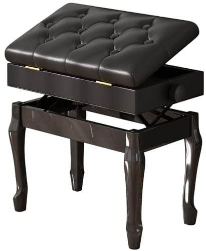 Jargrovs Piano Stool,PU leather button black piano bench,adjustable height piano bench,wooden single piano stool with storage compartment,solid wood vintage piano chair,high gloss black piano benches