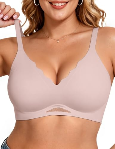 Vertvie Soutien-gorge push-up sans armatures pour femme - Couverture complète sans armatures - Soutien-gorge festonné, rose, Taille M
