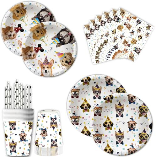 Hund geburtstag geschirrset,50pcs geburtstagsdeko pappteller,Enthält deko hund geburtstagsteller, servietten kindergeburtstag, pappbecher kindergeburtstag,Strohhalme,Für deko kindergeburtstag