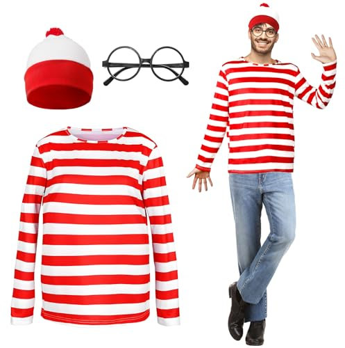 Moiuguli Erwachsene Welttag Kostüm Langarm Rot und Weiß Gestreiftes T-Shirt, Weiß & Rot Bommelmütze, Runde Brille Karneval Welttag Kostüme Fasching für Herren (XL)