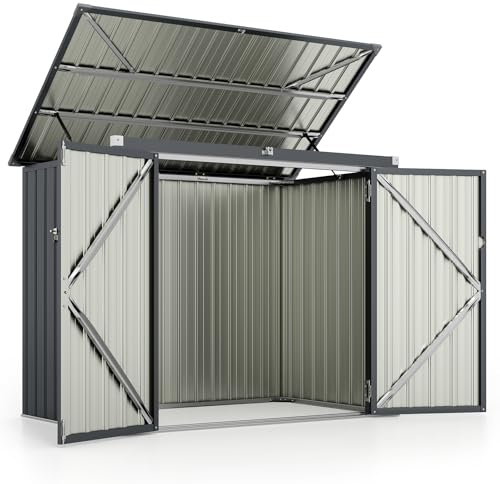 COSTWAY Abri de Jardin en Métal Galvanisé 1,5 m², Cache Poubelle Exterieur Verrouillable, Toit Ouvert, 2 Portes, Abri Poubelle Exterieur, 4 Gants, Rangement Etanche pour Vélo,Outils(Gris foncé)