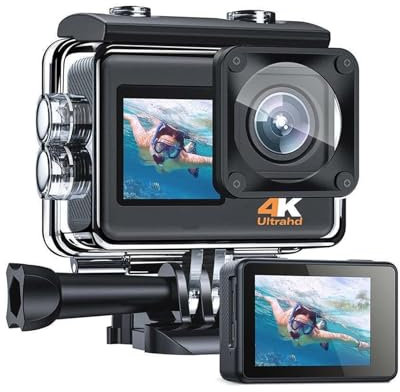 TIEOAXFT 4K Sports Action Camera Dual Screen 24MP 30FPS 40M Waterproof Underwater Remote Control EIS Anti-shake 170° Video Camera for Vlogging with External Microphone, Remote Cont