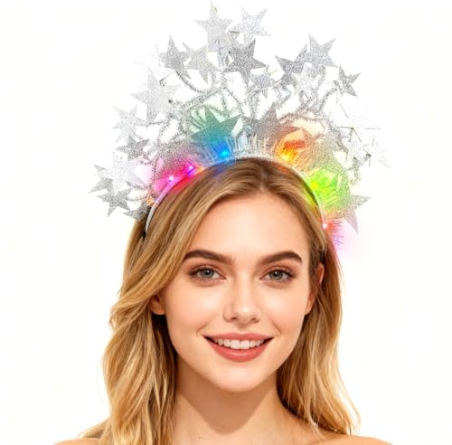 CPROSP Leuchtendes Stern-Stirnband, 3 Modi Blinkende Haarreifen Damen, LED Haarreif für Frauen und Mädchen, Weihnachten, Karneval, Party, Festival Accessoires, Hochzeit Dekor,Silber