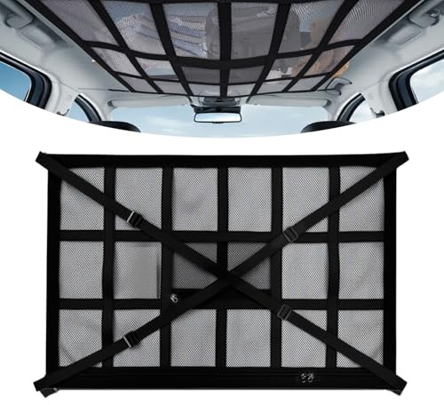 Gepäcknetz Auto, yisight Gepäcknetz Wohnmobil Autodach, 90 × 65 cm Aufbewahrungsnetz mit 2 Verstellbare Kreuzgurte, Tolles Auto Camping Zubehör für Lange Roadtrips