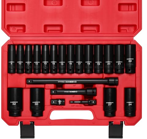 CASOMAN 22PCS 1/2-Inch Drive Metric Impact Socket Set, 8mm - 32mm, with Extension bar, Adapter, 6-Point, CR-V