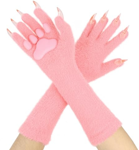 FakeFace Realistische Katzen Pfote Handschuhe mit Nagel, Lange Vollfinger Kunstpelz Tier Pfoten Paws Winter Warme Handschuhe Halloween Weihnachten Karneval Kostüm Cosplay Zubehör für Damen