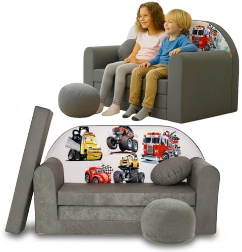 TUPPI Kindersofa mit Schlaffunktion 168x98 cm - Kindersofa Ausklappbar | Kinder Sofa für Kinderzimmer - Samtweicher Velours - 4-teilig inkl. Kissen & Puff
